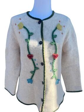 Isabella G Vintage Embroidered Wool Button Up Austrian Floral Cardigan Size XL